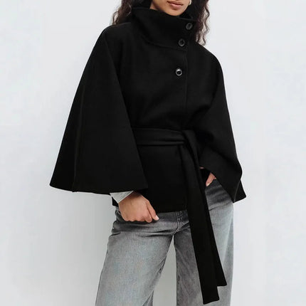 Women Lace Up High Neck Jackets For Women With Belt Elegant Windbreaker Faux Wool Blends Cape Street  Solid Windbreaker Cloak