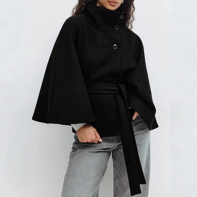Women Lace Up High Neck Jackets For Women With Belt Elegant Windbreaker Faux Wool Blends Cape Street  Solid Windbreaker Cloak