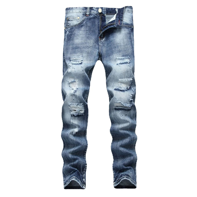 Casual Men's Light Blue Denim Jeans Ripped Straight Leg Slim Fit Non-Elastic Torn Casual Style Chinese Production PlatiNum