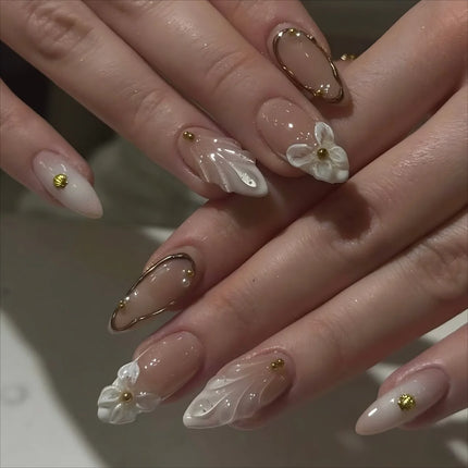 24pcs Pink Flower Almond Press on Nails Kawaii False Nails Wearable Stick-on Nails Fake Nail Uñas Postizas Накладные Ногти 네일팁2028