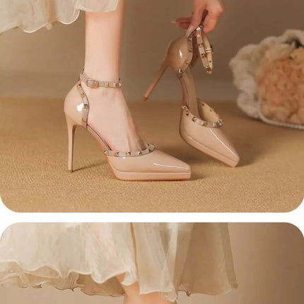 Sandali Nude con Punta a Spillo e Fibbia da Donna, Tacco Sottile Estivo, Impermeabili, con Plateau, Comodi, con Rivetti, in Pelle Sintetica platinumshop