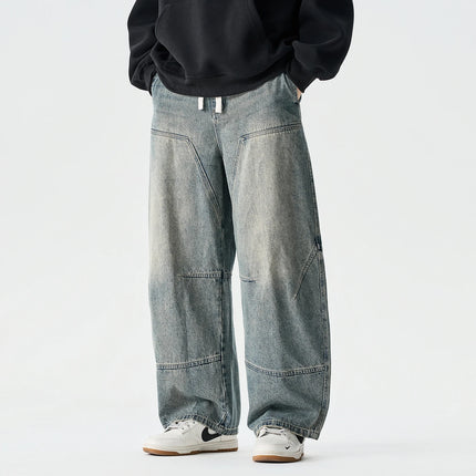 Jeans da Uomo Primavera 2026, Pantaloni in Denim Vintage con Vita Elastica, Jeans Neri da Uomo, Stile Harajuku Hip Hop, Pantaloni Larghi in Cotone Oversize