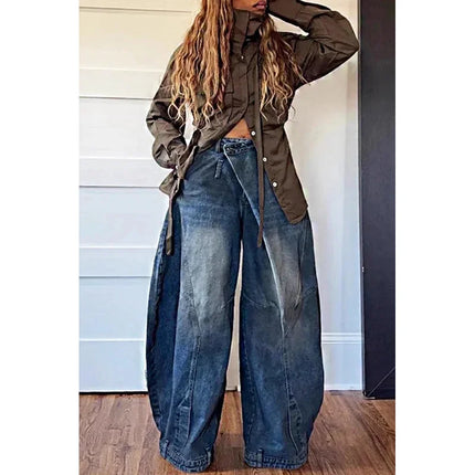 Y2K Jeans denim larghi da donna Tasca con bottoni asimmetrica Jean lavato Pantaloni casual Harajuku High Street Grunge Denim Trouders