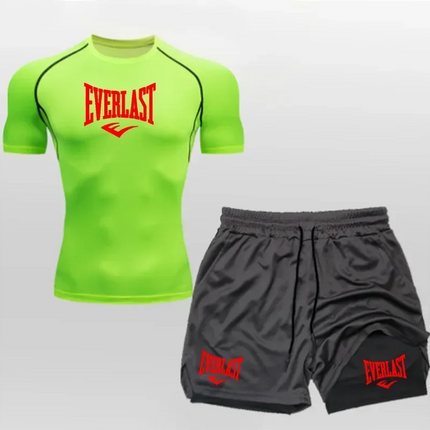 EVERLAST Camicia da Compressione da Uomo + Pantaloncini Sportivi 2 in 1 Set da 2 Pezzi per Il Tempo Libero Respiro Manica Corta Sport Jogging Palestra Marchio di Abbigliamento Stampa platinumshop