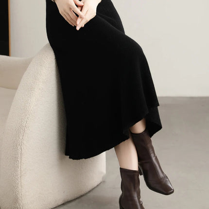 Grace Women's Skirt 100% Merino Wool Skirt Hip Hugging A-Line Wave Skirt Knitted Warm Autumn Winter Dress Slim Office Lady Skirt PlatiNum