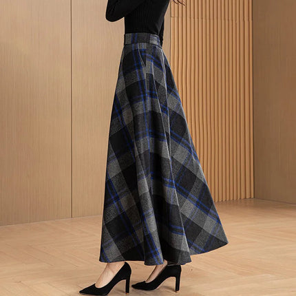 New Women Woolen Plaid Skirt Autumn Winter Fashion Elastic High Waist A-Line Wool Blended Long Skirt Simplicity Vintage Skirt PlatiNum
