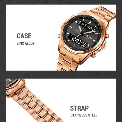 Skmei orologio da polso analogico al quarzo da uomo cinturino in acciaio inossidabile di lusso Led impermeabile digitale sportivo sveglia a tre fusi orari platinumshop