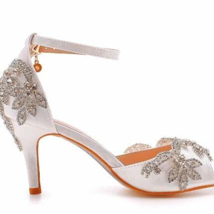 Sandalias de mujer de calidad femenina con diamantes de imitación de PU, tacón delgado de 7 cm, correa de hebilla, zapatos de vestir de estilo coreano para mujer, azul cielo maduro