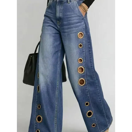 Jeans da Donna a Gamba Larga, Vita Media, con Dettagli Traforati, Effetto Vintage, Stile High Street, Eleganti, da Lavoro, Casual, Pantaloni Dritti