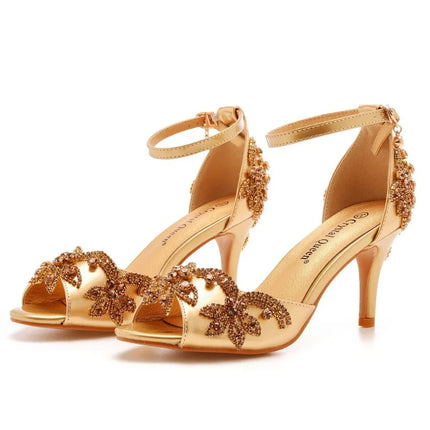 Sandalias de mujer de calidad femenina con diamantes de imitación de PU, tacón delgado de 7 cm, correa de hebilla, zapatos de vestir de estilo coreano para mujer, azul cielo maduro