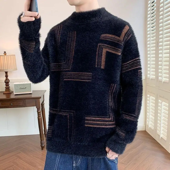 2025 Thickened Sweater Men's Autumn Winter Casual Half High Neck Pullover Knitwear Furry Korean Loose Simple Sweaters 3 Colors