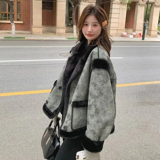 Women's Lapel Flocked Button Long-sleeved Cardigan Coat Autumn and Winter Gradient Fashion Casual Top