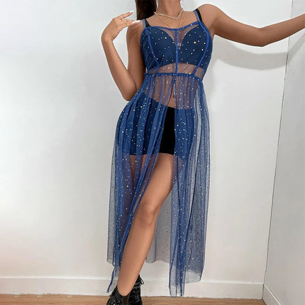 New Summer Women Cover Up Dress senza maniche collo quadrato Beach Holiday paillettes Split Midi Beach Smock Skin-Friendly confortevole platinumshop