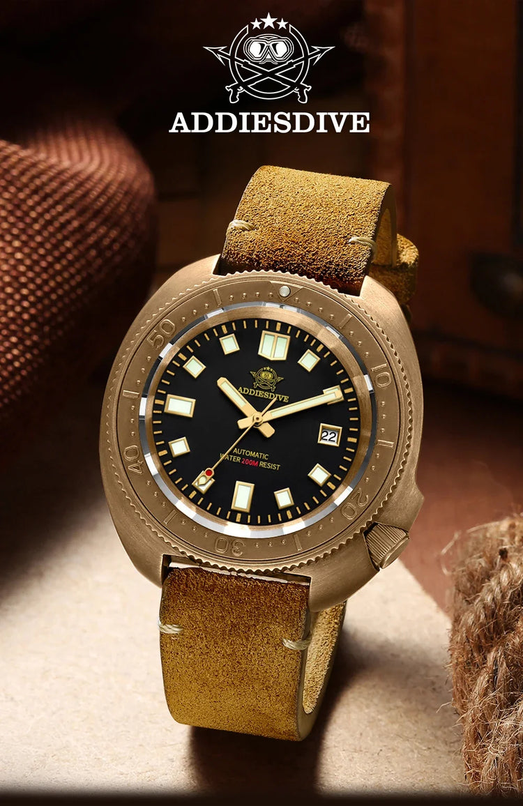 ADDIESDIVE Mens Automatic Mechanical Dive Watch Japan 8215 Movement Bronze Case Sapphire Crystal 200M Waterproof Ceramic Bezel
