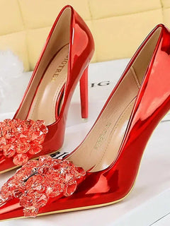 Donne 10.5cm tacchi alti in pelle lucida Drag Queen banchetto Dress Pumps Lady Luxury Crystal Bow Stiletto Blue Green Red Prom Shoes