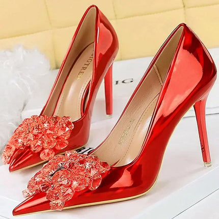 Donne 10.5cm tacchi alti in pelle lucida Drag Queen banchetto Dress Pumps Lady Luxury Crystal Bow Stiletto Blue Green Red Prom Shoes