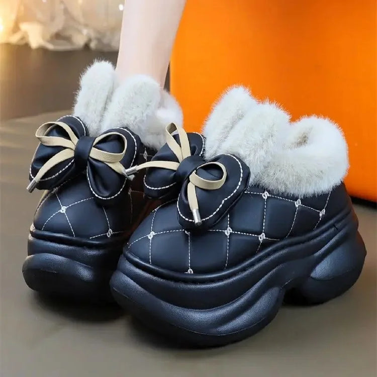 New Pink Bow Slippers Winter Women's Shoes Thick Sole Fuzzy Slippers for Home Mules Shoes Woman Fluffy Metal Bear House Slipper