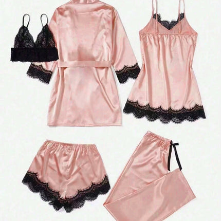 5 pezzi pigiama da notte in raso da donna set accappatoio lingerie sexy accappatoio abito da notte in seta di pizzo pantaloni indumenti da notte vestiti per la casa PJ
