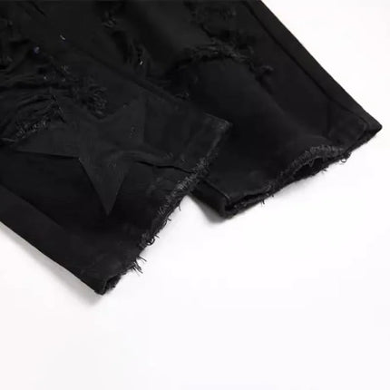 Autumn And Winter Retro Black Ripped Jeans Men'S Straight Leg Pants Pentagram Patch Casual Jeans Pants PlatiNum