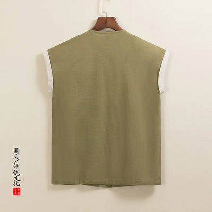 Canotte da Uomo in Cotone Stile Cinese Senza Maniche, Gilet Casual Vintage con Scollo a V, Traspiranti Estivi, Vestibilità Ampia