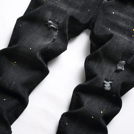New Fashion Men Black Ripped Denim Jeans talian High Street Style Denim Pants High Quality Male Slim Fit Denim Trousers Size 38 PlatiNum