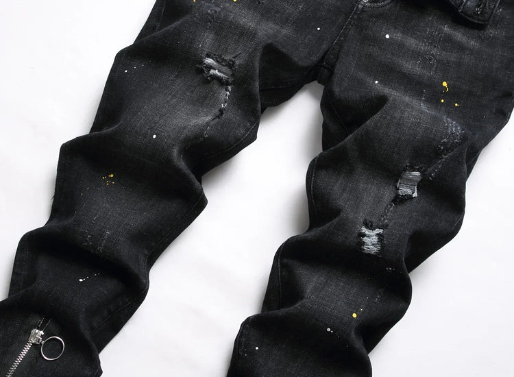 New Fashion Men Black Ripped Denim Jeans talian High Street Style Denim Pants High Quality Male Slim Fit Denim Trousers Size 38 PlatiNum