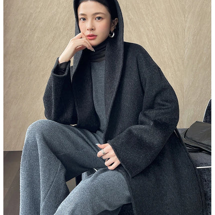 Brushed 100% Wool Coat Women Hooded Belted Wrap Coat Long-Pile Double-Faced Texture Unlined Relaxed Fit Short Coats Fall Winter
