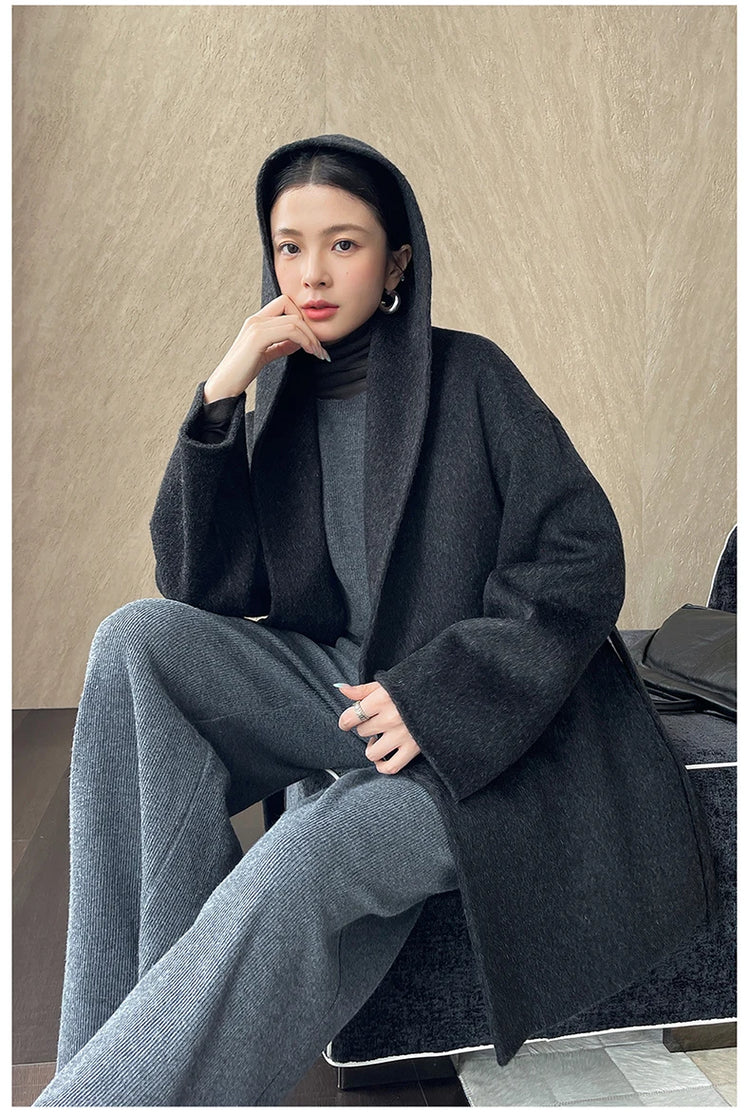 Brushed 100% Wool Coat Women Hooded Belted Wrap Coat Long-Pile Double-Faced Texture Unlined Relaxed Fit Short Coats Fall Winter