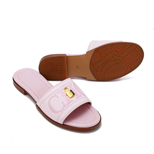 Fashion Pink Flat Sandals Gold Metal Decor Brand Lettering Comfort Footbed Summer Casual Wear Gift Set