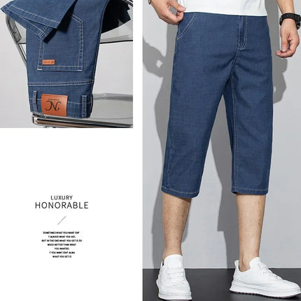 Pantaloncini jeans da uomo estivi sottili in Lyocell Blu Grigio Stile classico Elasticità Pantaloncini di jeans casual da lavoro leggeri e dritti da uomo