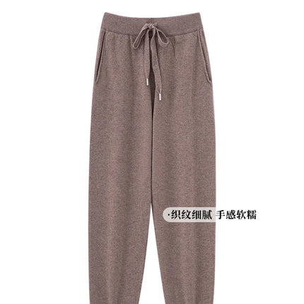 2024 Autumn And Winter New 100% Pure Wool Flat Small Foot Pants Women Loose High Waist Lean Knitted Cashmere Bunched Foot Pants PlatiNum