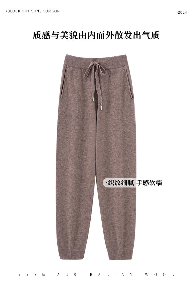 2024 Autumn And Winter New 100% Pure Wool Flat Small Foot Pants Women Loose High Waist Lean Knitted Cashmere Bunched Foot Pants PlatiNum