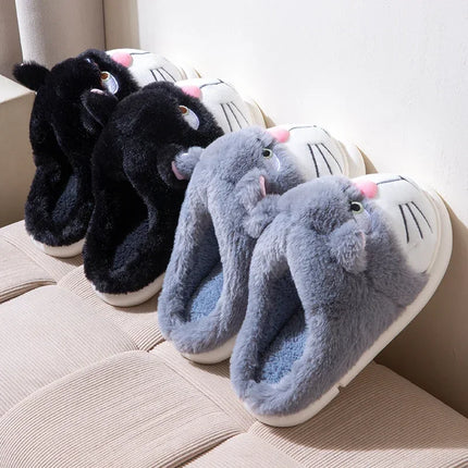 Women Fluffy Slippers Cute Cartoon Winter Plush Home Shoes Girls Casual Large Size Flats