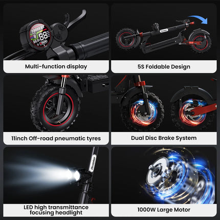 Monopattino Elettrico iScooter IX5S, Ruote da 11 Pollici, Fuoristrada, 48V15Ah 1000W, Trazione Posteriore, Velocità Massima 45km/h, Autonomia 65km, Pieghevole