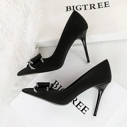 BIGTREE New Fashion Women Dress Shoes 10cm tacchi alti Shallow Toe Crystal Butterfly Knots Lady Red Silk Shoes taglia 34-40