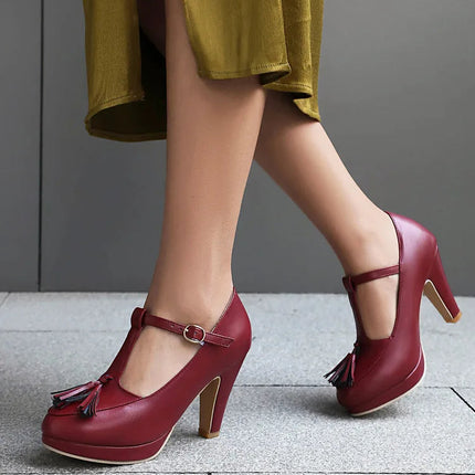 NASBAVI Fashion Female Pumps Round Toe Chunky Heels 9cm Platform 1.5cm Buckle T-Strap Tassels Plus Size 46 47 48 Sexy Shoes PlatiNum
