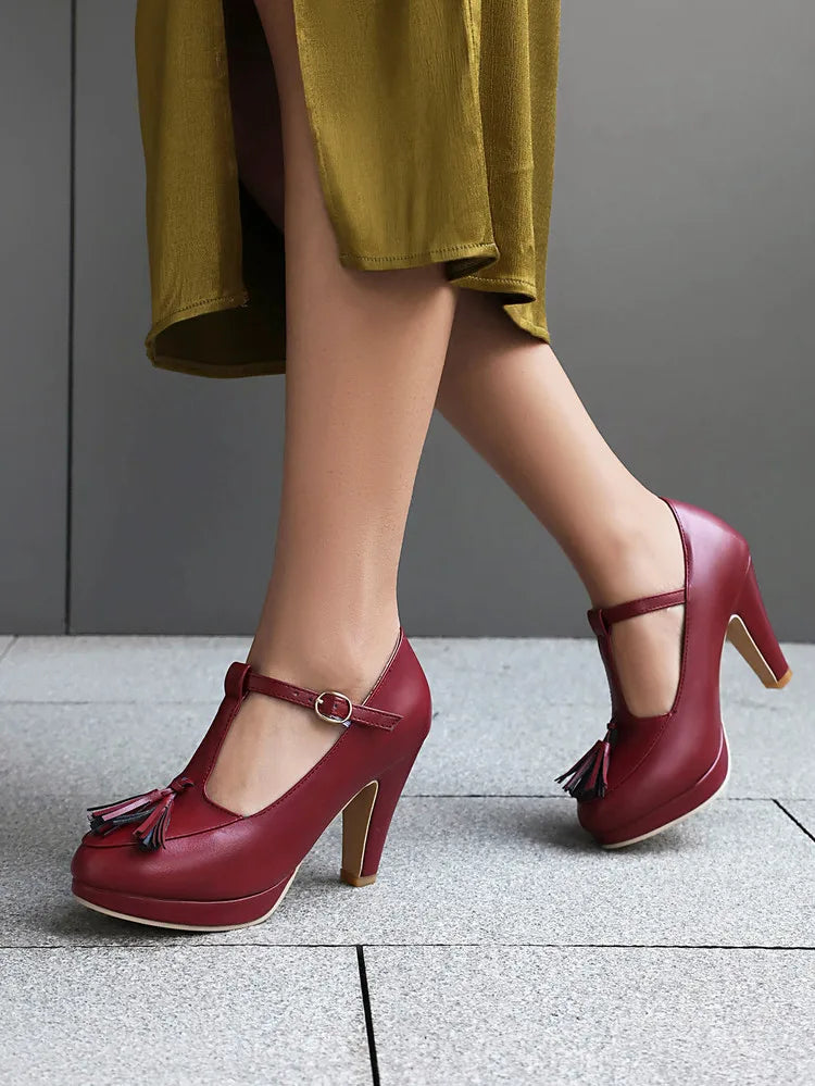NASBAVI Fashion Female Pumps Round Toe Chunky Heels 9cm Platform 1.5cm Buckle T-Strap Tassels Plus Size 46 47 48 Sexy Shoes PlatiNum