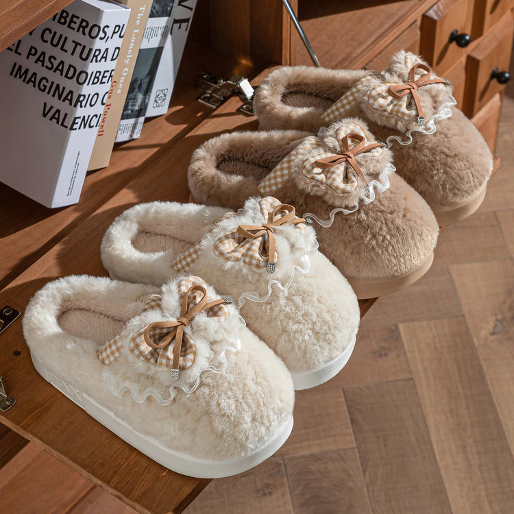 Kawaii Winter Warm Cotton Slippers Women Plaid Bowknot Lace Ruffle Plush Thick Platform Non-Slip Indoor Casual Shoes
