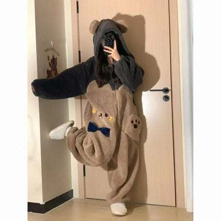 Cartoon Coral Fleece Lined Onesie Pajamas Women's Winter Home Clothes Comfortable Breathable Sleepwear Polyester Fiber