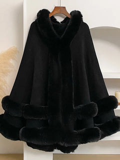 Luxury Women Faux Fur Trim Cape Coat Loose Batwing Poncho Shawl Fuzzy Fur Edge Warm Winter Outerwear Party Street Lady Coats
