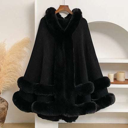 Luxury Women Faux Fur Trim Cape Coat Loose Batwing Poncho Shawl Fuzzy Fur Edge Warm Winter Outerwear Party Street Lady Coats
