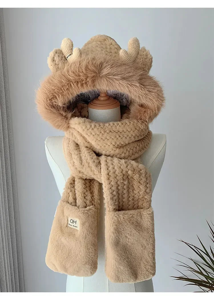 Fashion Elk Antlers Plush Hat Scarf Gloves Women's Winter Ear Protector Thickened Lei Feng Hat Cycling Ski Cap Wind Proof