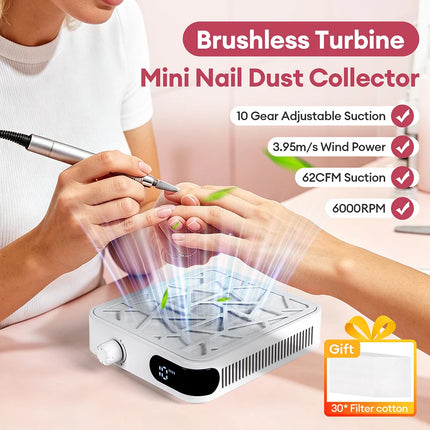 Rechargeable Brushless Turbo Nail Dust Extractor 6000PRM 10‑Speed Adjustable Low Noise Mini Manicure Vacuum for Nail Salon Home Use