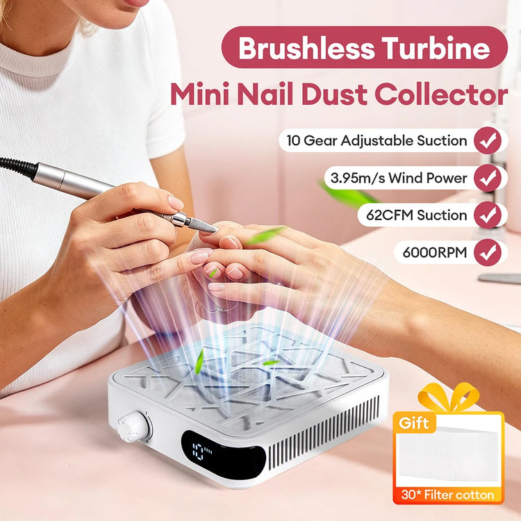 Rechargeable Brushless Turbo Nail Dust Extractor 6000PRM 10‑Speed Adjustable Low Noise Mini Manicure Vacuum for Nail Salon Home Use