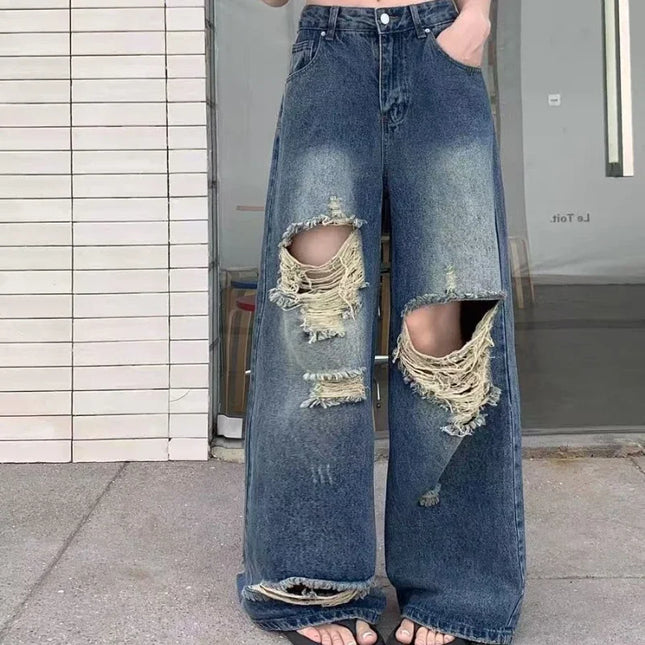 Casual Jeans Women's Jeans Vintage Straight Pants Autumn Spring Female Fashion Blue Wide Leg Pants Hole Jeans