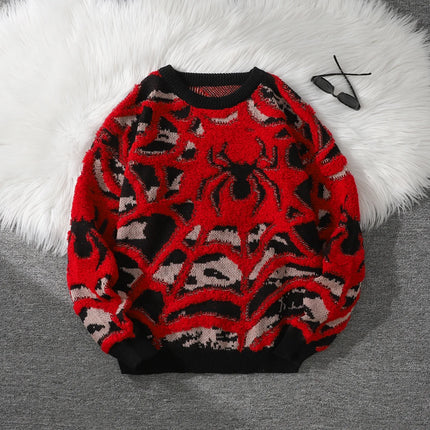 Autumn and Winter Velvet Spider Jacquard Double-Sided Pattern Pullover Sweater Casual Round-Neck Knit Men's Pullover Sweater Suitable for Daily Wear, Unisex Outerwear