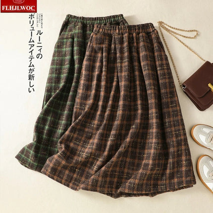 Art Mori Girls Woolen Skirts New 2025 Autumn Winter Basics Woman Cute Sweet Japanese Preppy Style Retro Vintage Long Plaid Skirt PlatiNum
