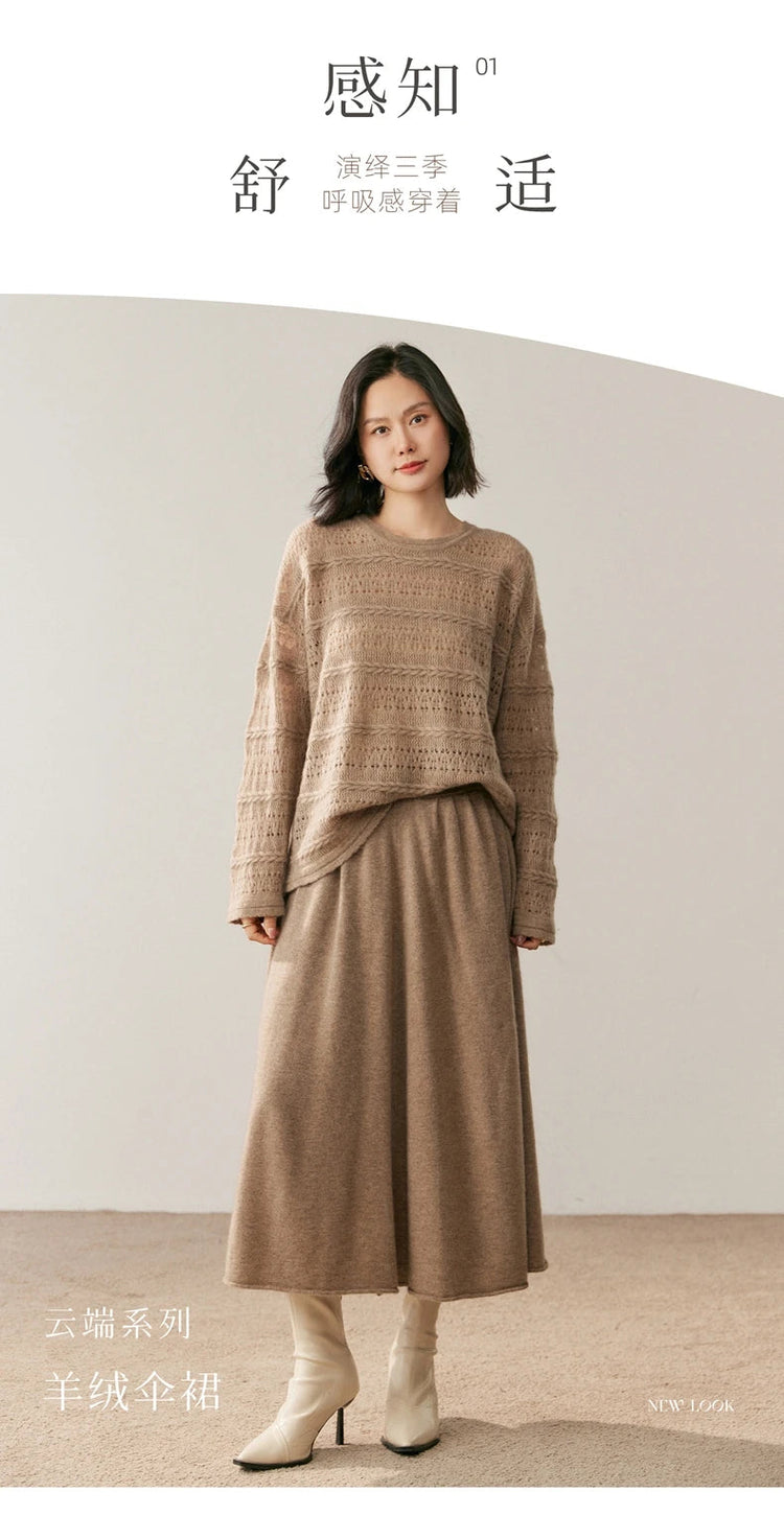 Women's 100% Pure Cashmere Knit Skirt New Elastic Waist Big Swing Skirts Fashion High-End Thick Umbrella Skirt Cashmere Dress PlatiNum