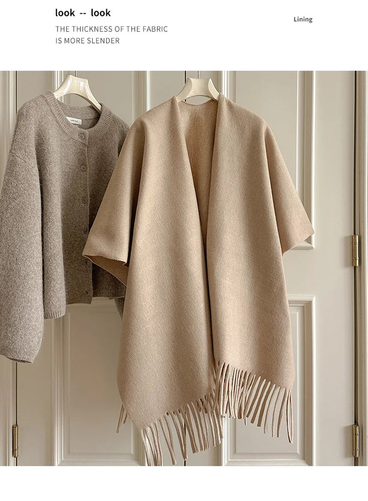 Women Split‑Open Woolen Tassel Poncho Shawl Thick Warm Cape Coat Autumn Winter Travel Photography Outer Wrap