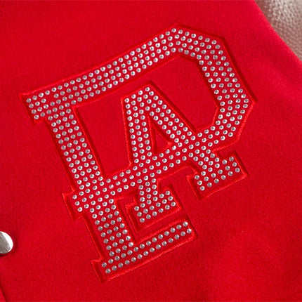 Broken Pearl Rhinestone Patchwork Leather Sleeve Baseball Jacket High Street Casual Loose Jacket Street Hip-hop Rock Fashion